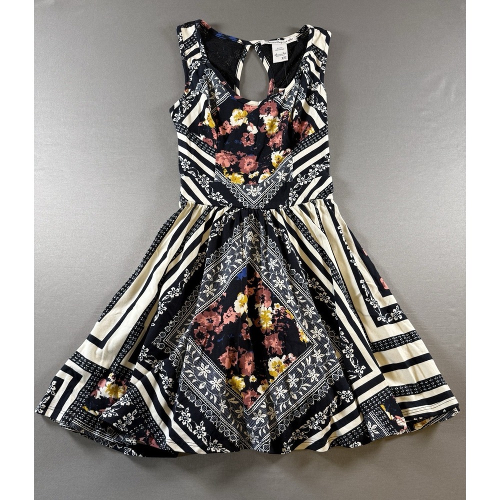 American Rag Dress XS NWT Festival Floral Geometric Lace Back Mini Fit & Flare
